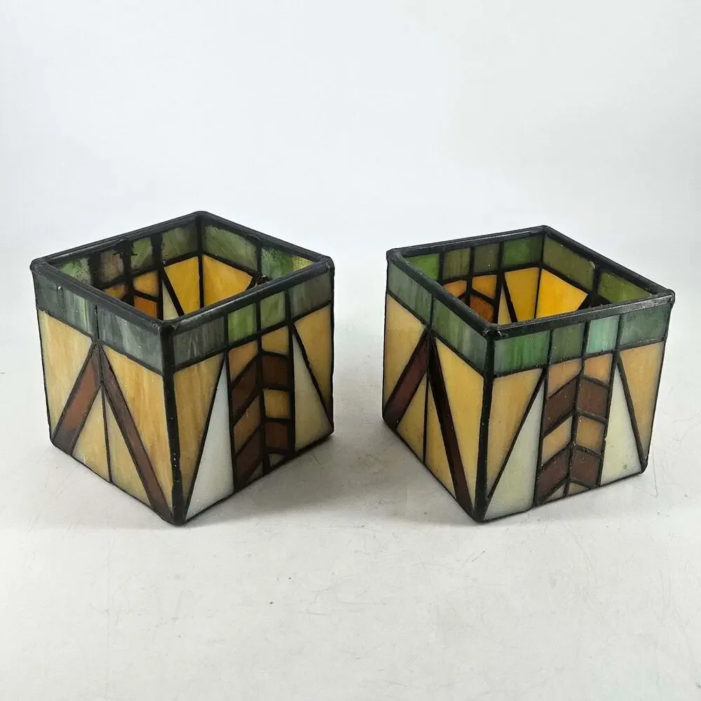 2 Vintage PartyLite Tiffany Style Art Deco Look Stained Glass Candle Holders